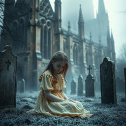 A hauntingly atmospheric scene featuring Bristol Cathedral in the background, showcasing its stunning Gothic architecture with intricate details