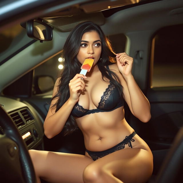 An Indian woman wearing seductive black lingerie that beautifully highlights her figure, playfully sucking on a popsicle while sitting on the gear knob of a car during a dark night