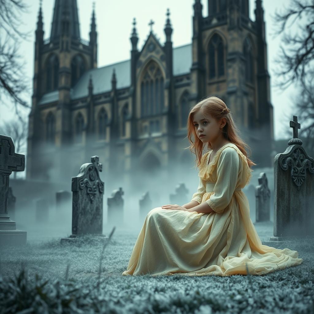 A hauntingly atmospheric scene depicting Bristol Cathedral in the background, showcasing its stunning Gothic architecture with intricate stonework and tall spires