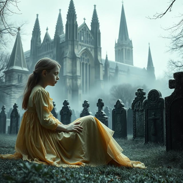 A hauntingly atmospheric scene depicting Bristol Cathedral in the background, showcasing its stunning Gothic architecture with intricate stonework and tall spires