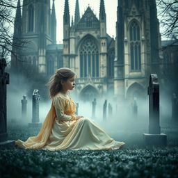 A hauntingly atmospheric scene depicting Bristol Cathedral in the background, showcasing its stunning Gothic architecture with intricate stonework and tall spires