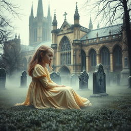 A hauntingly atmospheric scene depicting Bristol Cathedral in the background, showcasing its stunning Gothic architecture with intricate stonework and tall spires