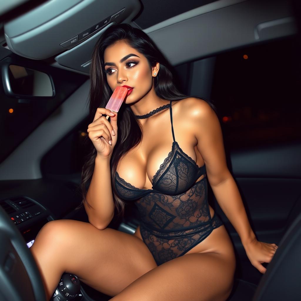 An Indian woman wearing enticing black lingerie that accentuates her curves, playfully sucking on a popsicle as she sits on the gear knob of a car during a dark night