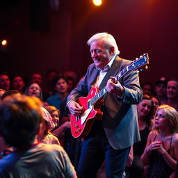 A vibrant scene depicting a 77-year-old elegant man with white hair performing on stage, playing a red Gibson guitar