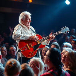 A vibrant scene depicting a 77-year-old elegant man with white hair performing on stage, playing a red Gibson guitar