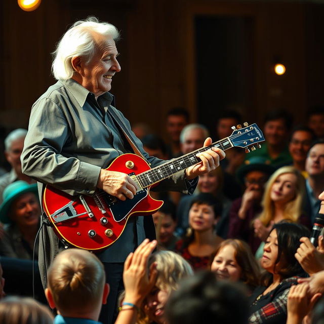 A vibrant scene depicting a 77-year-old elegant man with white hair performing on stage, playing a red Gibson guitar