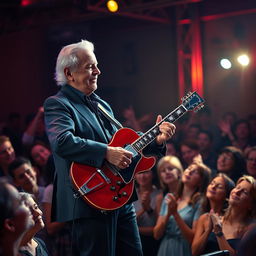A vibrant scene depicting a 77-year-old elegant man with white hair performing on stage, playing a red Gibson guitar