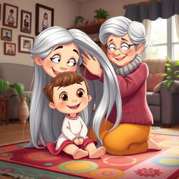 A heartwarming cartoon scene featuring a young girl with big, bright eyes and a cheerful smile, sitting on a colorful, patterned rug