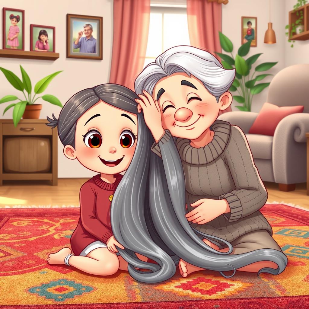 A heartwarming cartoon scene featuring a young girl with big, bright eyes and a cheerful smile, sitting on a colorful, patterned rug