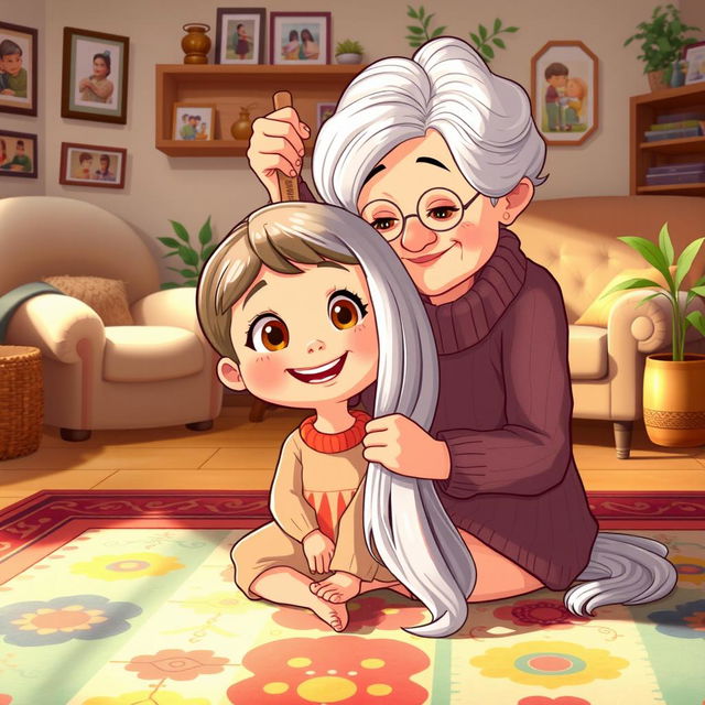 A heartwarming cartoon scene featuring a young girl with big, bright eyes and a cheerful smile, sitting on a colorful, patterned rug