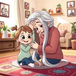 A heartwarming cartoon scene featuring a young girl with big, bright eyes and a cheerful smile, sitting on a colorful, patterned rug