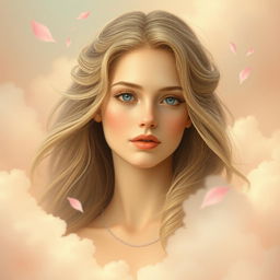A portrait of a serene, ethereal female figure in a dreamlike environment, surrounded by soft clouds and pastel colors