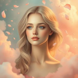 A portrait of a serene, ethereal female figure in a dreamlike environment, surrounded by soft clouds and pastel colors