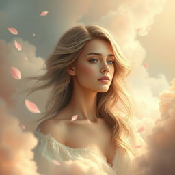 A portrait of a serene, ethereal female figure in a dreamlike environment, surrounded by soft clouds and pastel colors