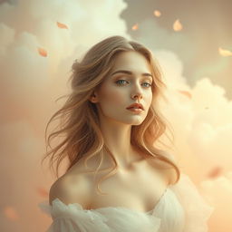 A portrait of a serene, ethereal female figure in a dreamlike environment, surrounded by soft clouds and pastel colors