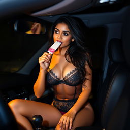 An Indian woman in alluring black lingerie that beautifully accentuates her figure, playfully sucking on a popsicle while sitting on the gear knob of a car during a dark night