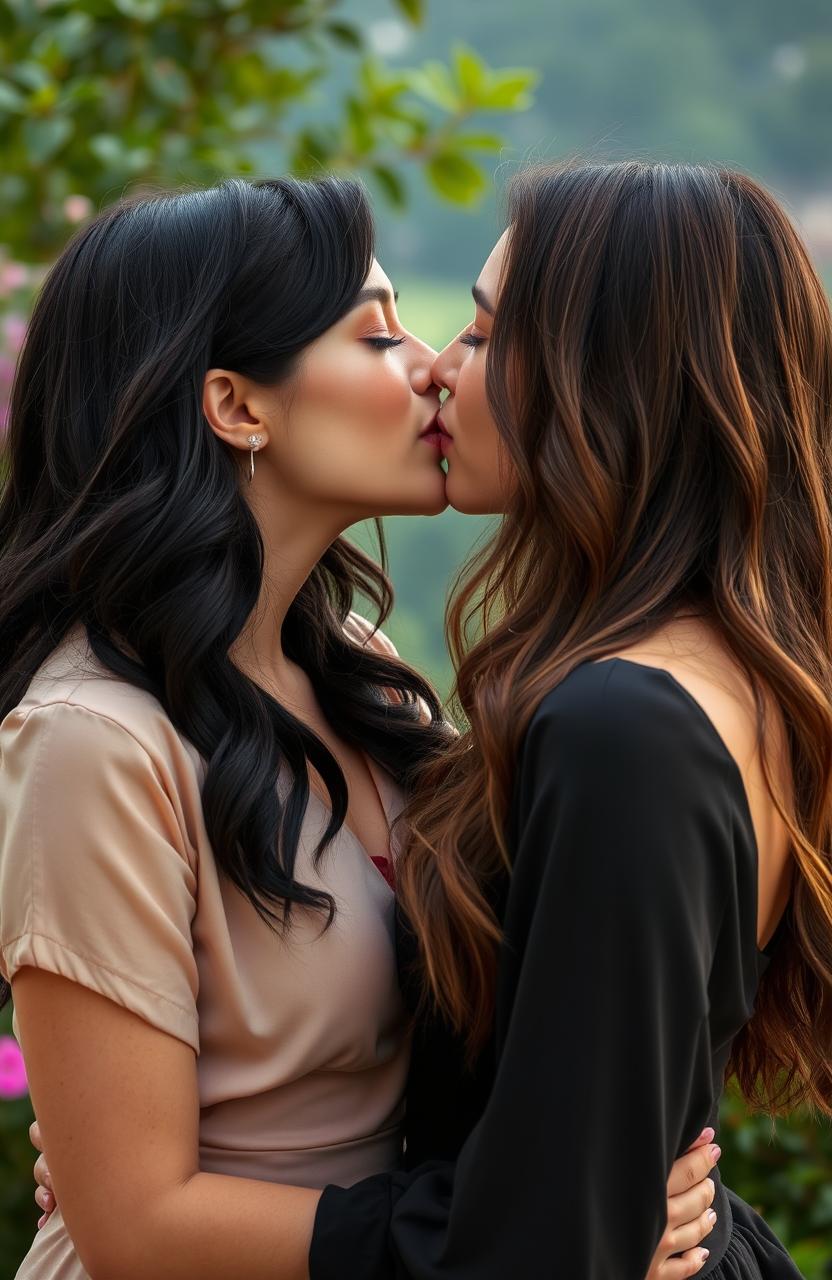 A real-life scene featuring two women sharing a kiss