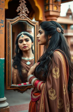 A beautiful Marathi warrior woman clad in traditional warrior attire, standing tall and gazing thoughtfully into a mirror