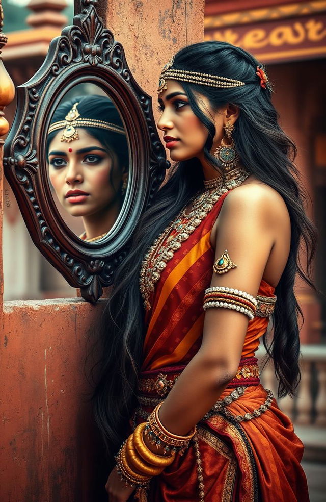 A beautiful Marathi warrior woman clad in traditional warrior attire, standing tall and gazing thoughtfully into a mirror