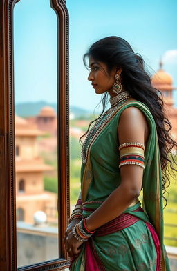 A beautiful Marathi warrior woman clad in traditional warrior attire, standing tall and gazing thoughtfully into a mirror