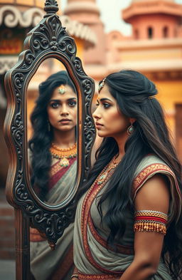 A beautiful Marathi warrior woman clad in traditional warrior attire, standing tall and gazing thoughtfully into a mirror