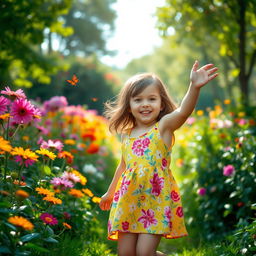 A picturesque scene of a charming garden filled with vibrant flowers and lush greenery, capturing the essence of childhood