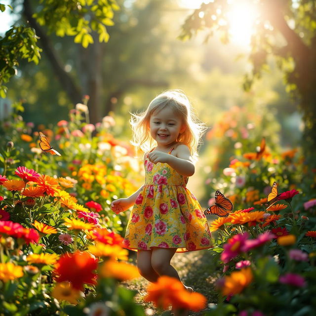 A picturesque scene of a charming garden filled with vibrant flowers and lush greenery, capturing the essence of childhood