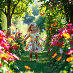 A picturesque scene of a charming garden filled with vibrant flowers and lush greenery, capturing the essence of childhood