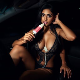 An Indian woman in provocative black lingerie, playfully sucking on a popsicle while ice cream melts onto her beautiful bare chest