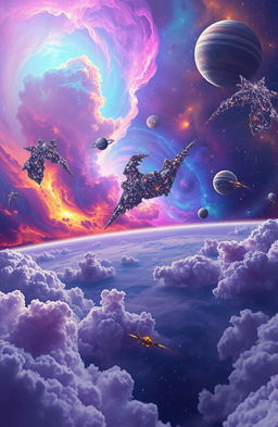 A breathtaking cosmic landscape featuring vibrant nebulae in shades of violet, turquoise, and gold, swirling galaxies with shimmering stars, and distant planets with unique textures