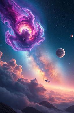 A breathtaking cosmic landscape featuring vibrant nebulae in shades of violet, turquoise, and gold, swirling galaxies with shimmering stars, and distant planets with unique textures