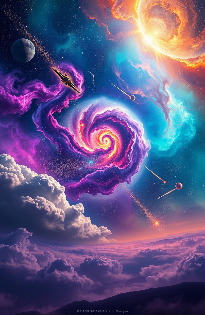 A breathtaking cosmic landscape featuring vibrant nebulae in shades of violet, turquoise, and gold, swirling galaxies with shimmering stars, and distant planets with unique textures