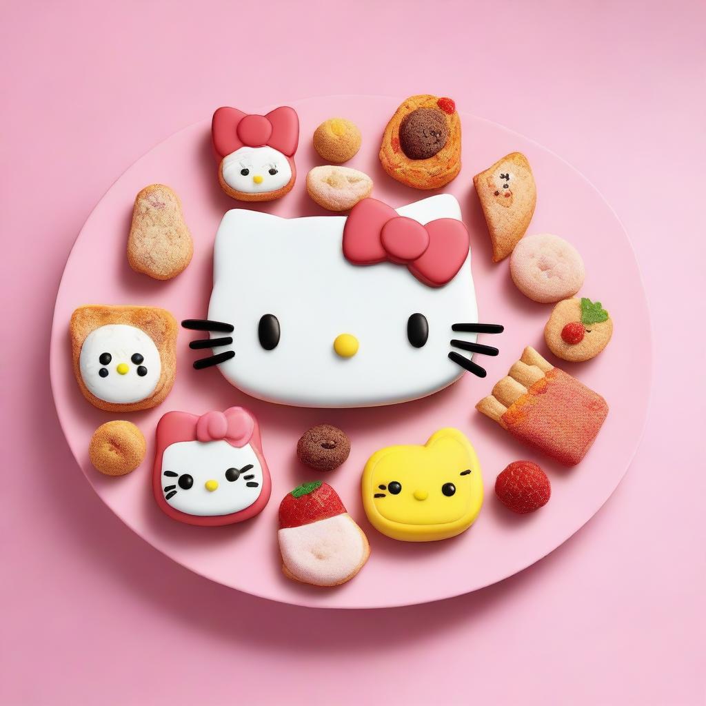 A high-quality image of a food platter inspired by Hello Kitty