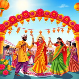 A vibrant and colorful illustration of a traditional Indian festival, featuring bright flowers, intricate decorations, and people celebrating with joy