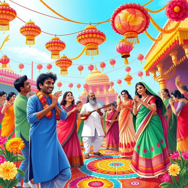 A vibrant and colorful illustration of a traditional Indian festival, featuring bright flowers, intricate decorations, and people celebrating with joy