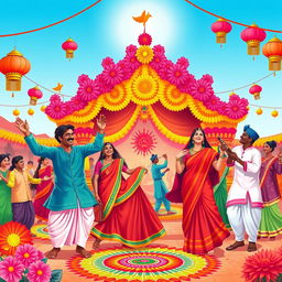 A vibrant and colorful illustration of a traditional Indian festival, featuring bright flowers, intricate decorations, and people celebrating with joy