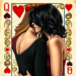 A visually striking design featuring a real-life scene of a woman with jet black, shoulder-length wavy hair kissing a woman with long brown hair, set against the backdrop of a Queen of Hearts playing card