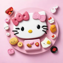 A high-quality image of a food platter inspired by Hello Kitty