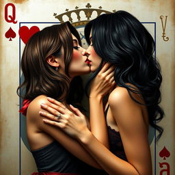 A visually striking design featuring a real-life scene of a woman with jet black, shoulder-length wavy hair kissing a woman with long brown hair, set against the backdrop of a Queen of Hearts playing card