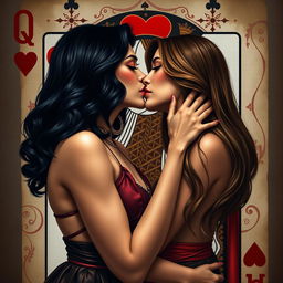A visually striking design featuring a real-life scene of a woman with jet black, shoulder-length wavy hair kissing a woman with long brown hair, set against the backdrop of a Queen of Hearts playing card
