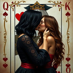 A visually striking design featuring a real-life scene of a woman with jet black, shoulder-length wavy hair kissing a woman with long brown hair, set against the backdrop of a Queen of Hearts playing card