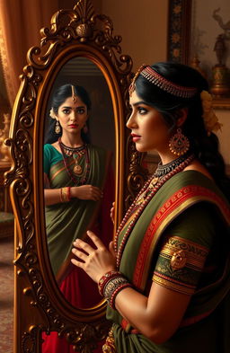 A Marathi warrior woman in traditional attire, adorned with intricate jewelry and a historical war insignia, gazing thoughtfully into a beautifully ornate mirror