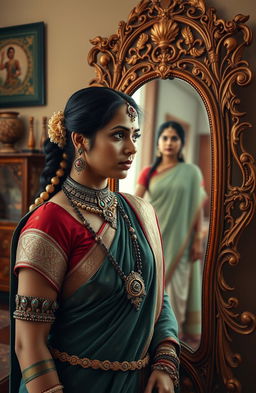 A Marathi warrior woman in traditional attire, adorned with intricate jewelry and a historical war insignia, gazing thoughtfully into a beautifully ornate mirror