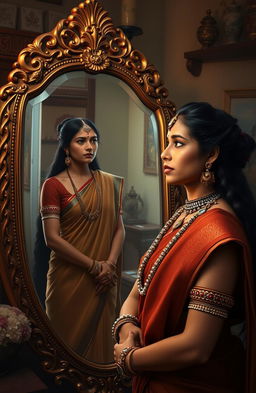 A Marathi warrior woman in traditional attire, adorned with intricate jewelry and a historical war insignia, gazing thoughtfully into a beautifully ornate mirror