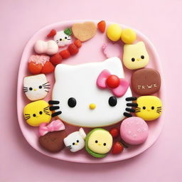 A high-quality image of a food platter inspired by Hello Kitty