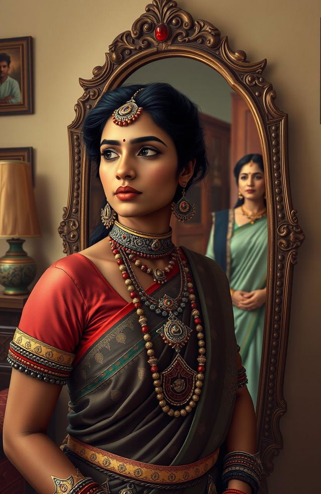 A Marathi warrior woman in traditional attire, adorned with intricate jewelry and a historical war insignia, gazing thoughtfully into a beautifully ornate mirror