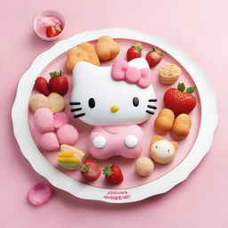 A high-quality image of a food platter inspired by Hello Kitty