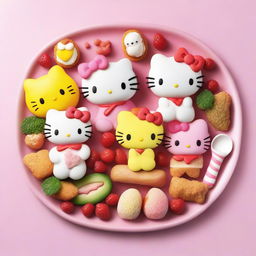 A high-quality image of a food platter inspired by Hello Kitty and her friends