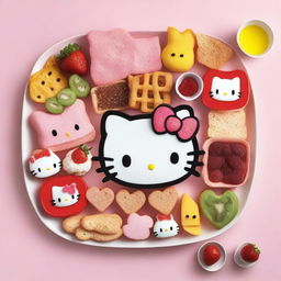 A high-quality image of a food platter inspired by Hello Kitty and her friends