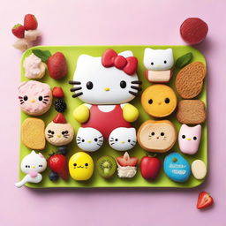 A high-quality image of a food platter inspired by Hello Kitty and her friends